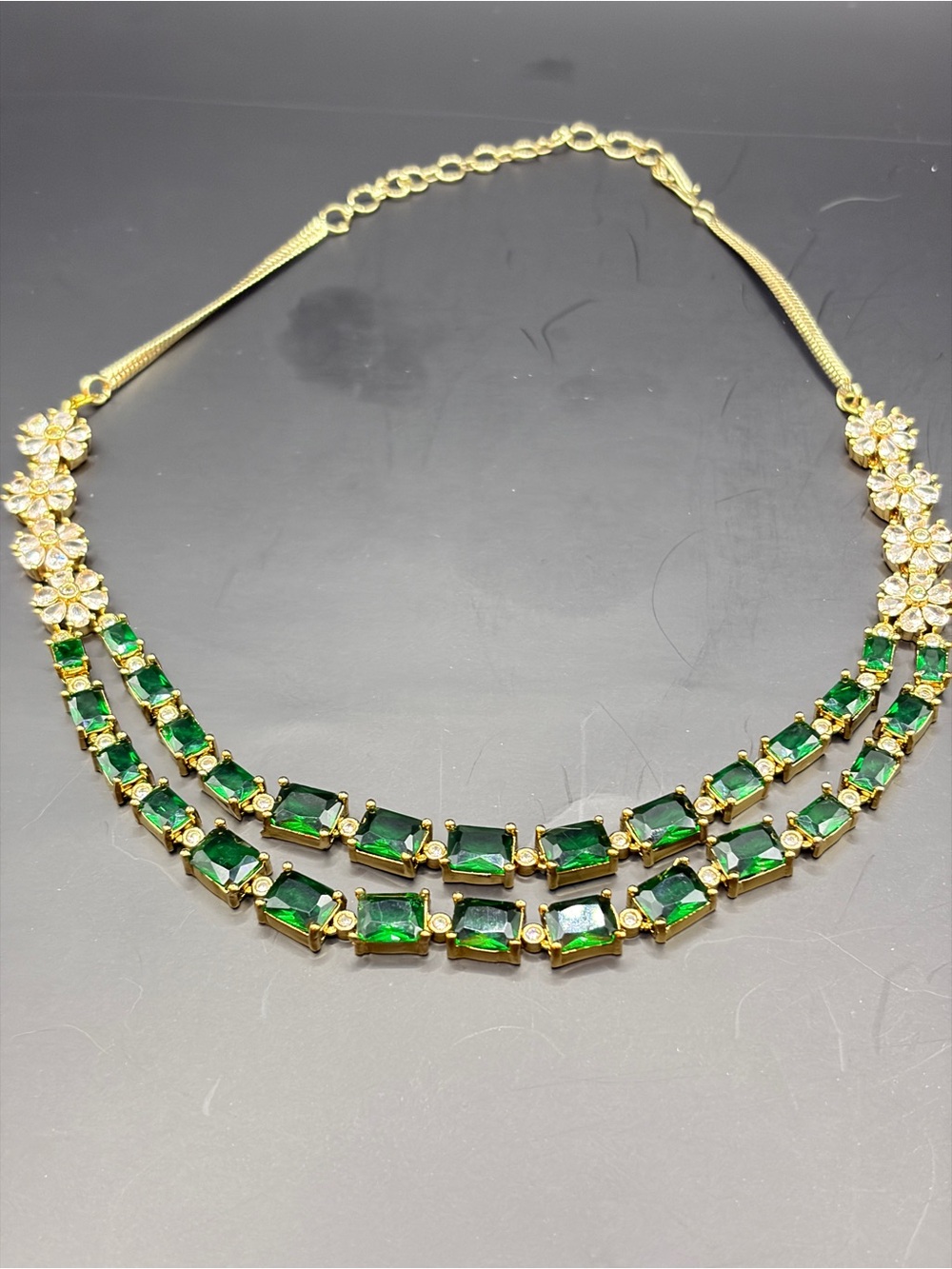 Gold-Tone Double Strand Green Crystal Stone  Necklace Set